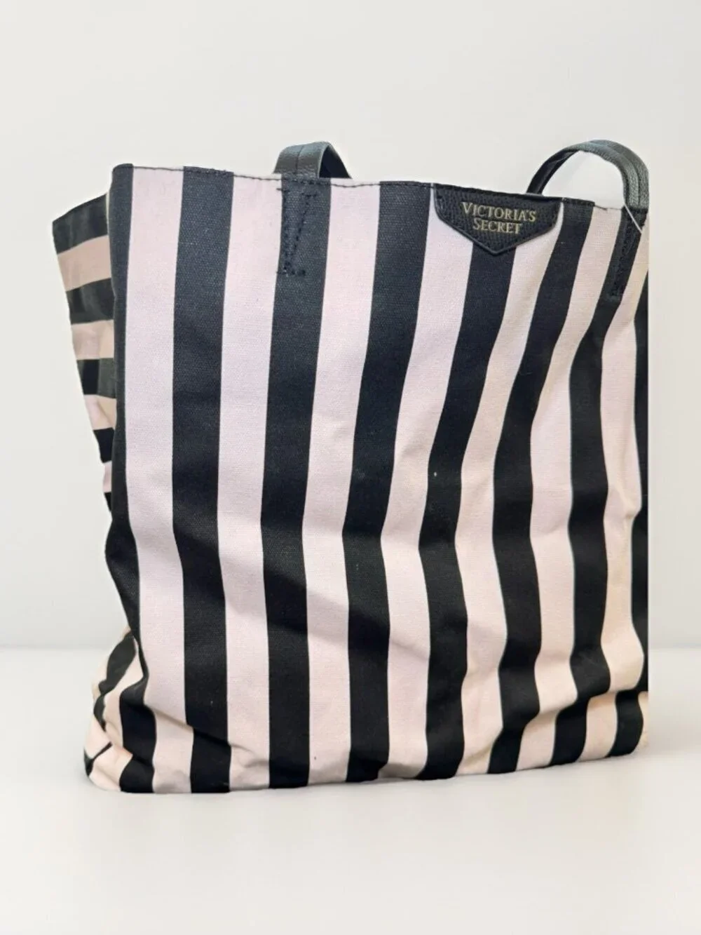 VS Victoria's Secret Large Canvas Tote Beach Bag Pale Pink & Black Striped